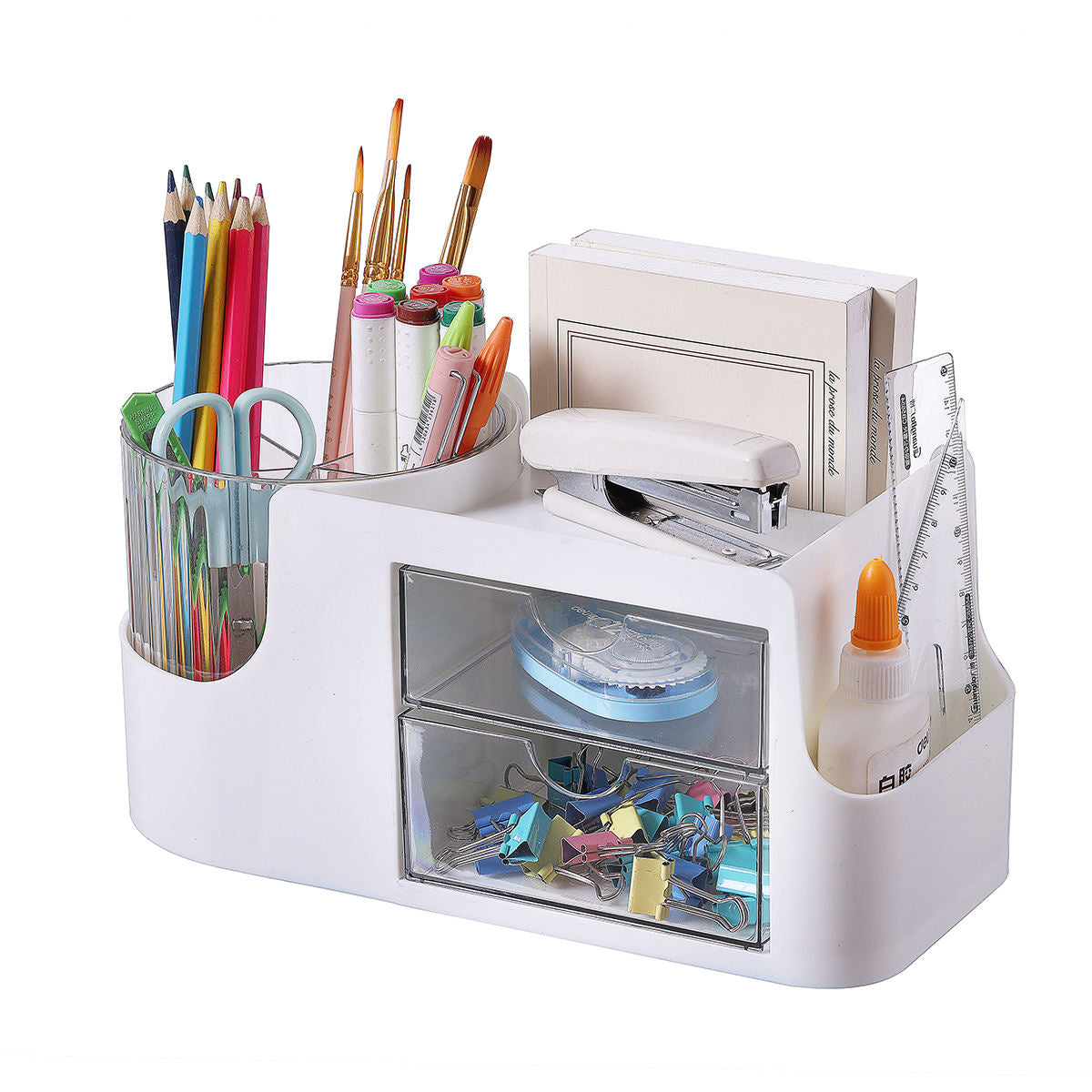 2-Drawer Plastic Desktop Organizer with Rotating Pen Holder, Multi-Purpose Desk Storage Box for Office and Home