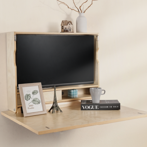 Wall-Mounted Wooden Folding Desk with Storage Shelf, Space-Saving Floating Workstation for Home Office