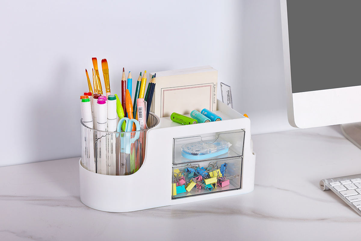 2-Drawer Plastic Desktop Organizer with Rotating Pen Holder, Multi-Purpose Desk Storage Box for Office and Home